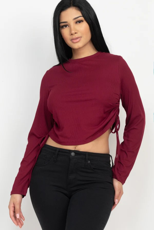 Ruched Side Long Sleeve Ribbed Top