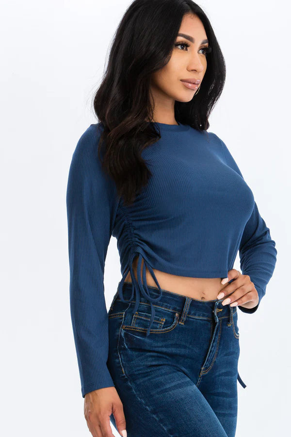 Ruched Side Long Sleeve Ribbed Top