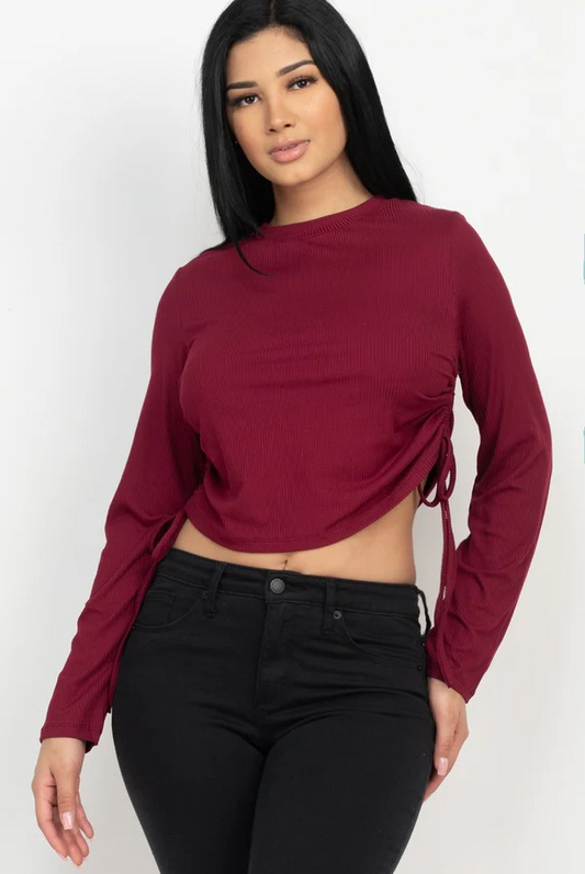 Ruched Side Long Sleeve Ribbed Top